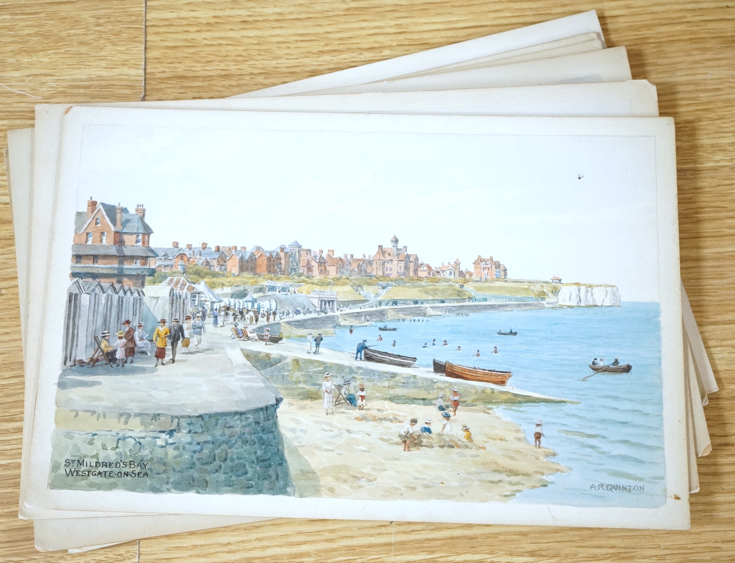 Alfred Robert Quinton (1853-1934), a set of six original watercolours for postcard designs to include St Mildred’s Bay, Westgate on Sea, On the Sands, Broadstairs and Ramsgate, each signed, unframed, 19 x 30cm